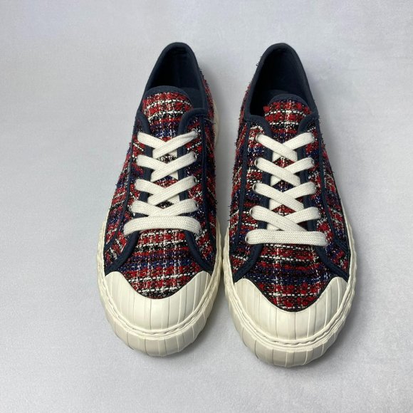 New Nine West Women's Hazie2 Sneaker Red Blue Plaid - Picture 3 of 9